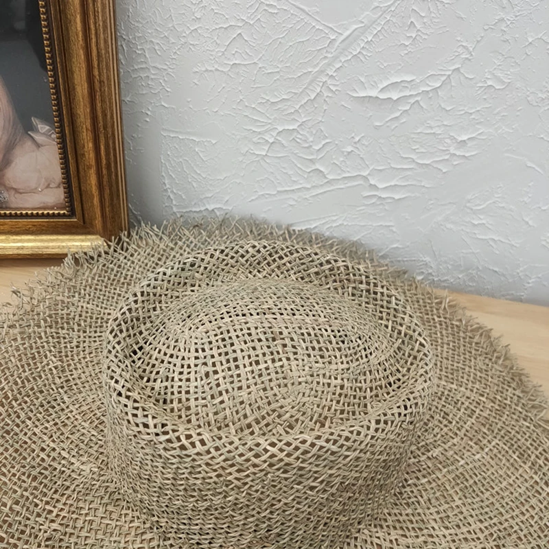 Sombrero de verano de ala ancha para mujer, sombrero de paja verde transpirable, francés, hueco, fresco, viaje, vacaciones, playa, sombrero de ala ancha