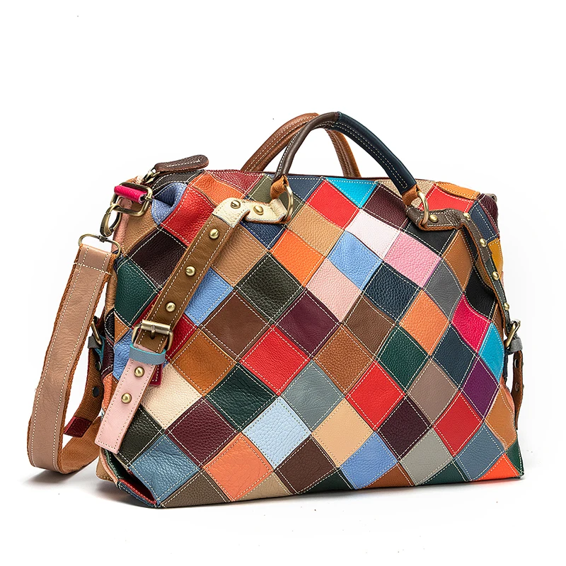 Bolso de mano de cuero suave multicolor para mujer, bolsa de hombro de alta calidad, de lujo, con diseño grande, 600