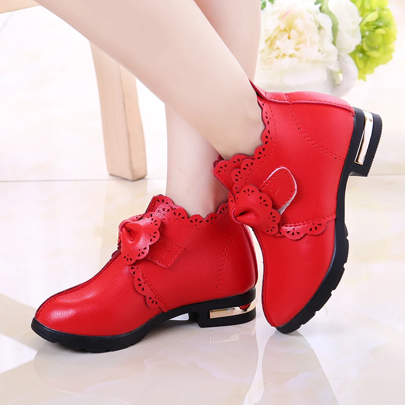 Girls Leather Shoes Autumn 2019 New Student Princess Shoes Fashion Lace Bow Children Girl Shoes Kids Short Boots Black Red Pink