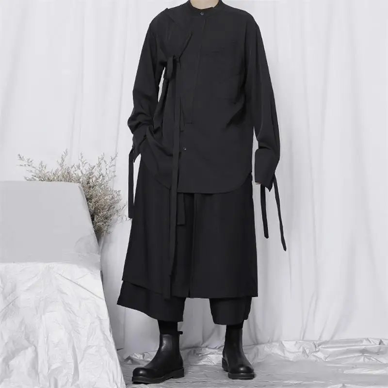 Men's Long-Sleeve Shirt Spring And Autumn New Stand-Up Collar Day Personality Lace-Front Casual Loose Large Size Shirt