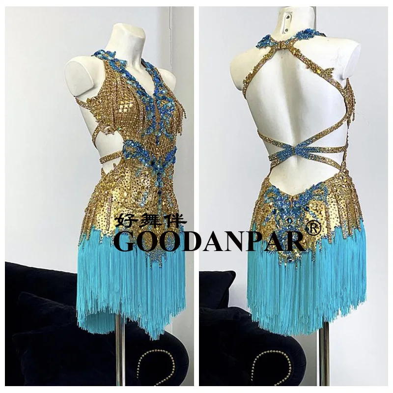 Latin dress dancing costume Rumba Jive Chacha black latin wear fringe Sleeveless Custom-made Latin golden