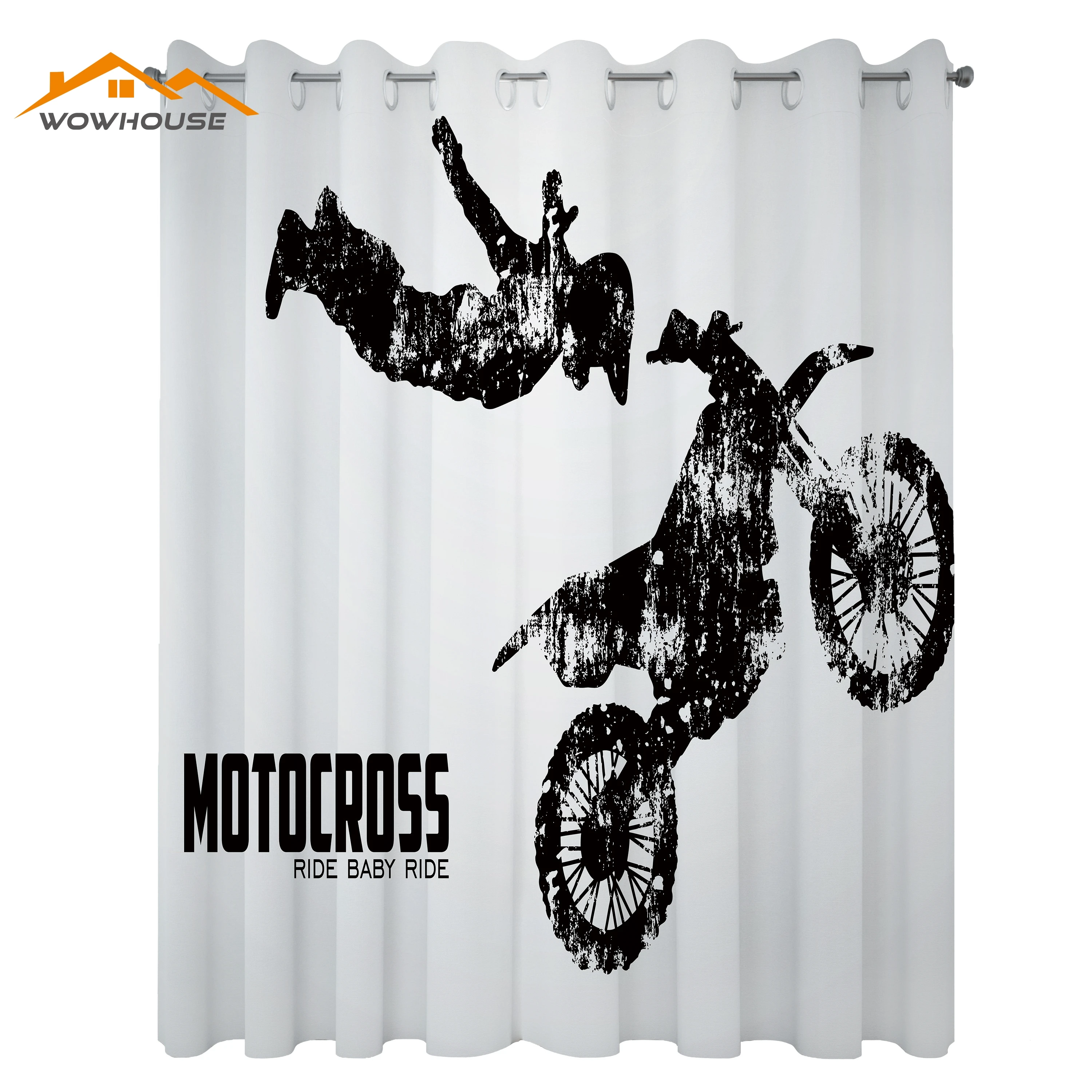 Dirt Bike Curtains Weathered Effect with Biker Silhouette and Motocross Racing Moves Theme Living Room Bedroom Window Drapes