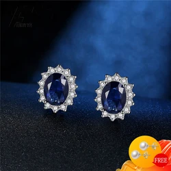 Fashion Earrings Silver 925 Jewelry Oval Shape Sapphire Zircon Gemstone Stud Earrings Accessories for Women Wedding Engagement