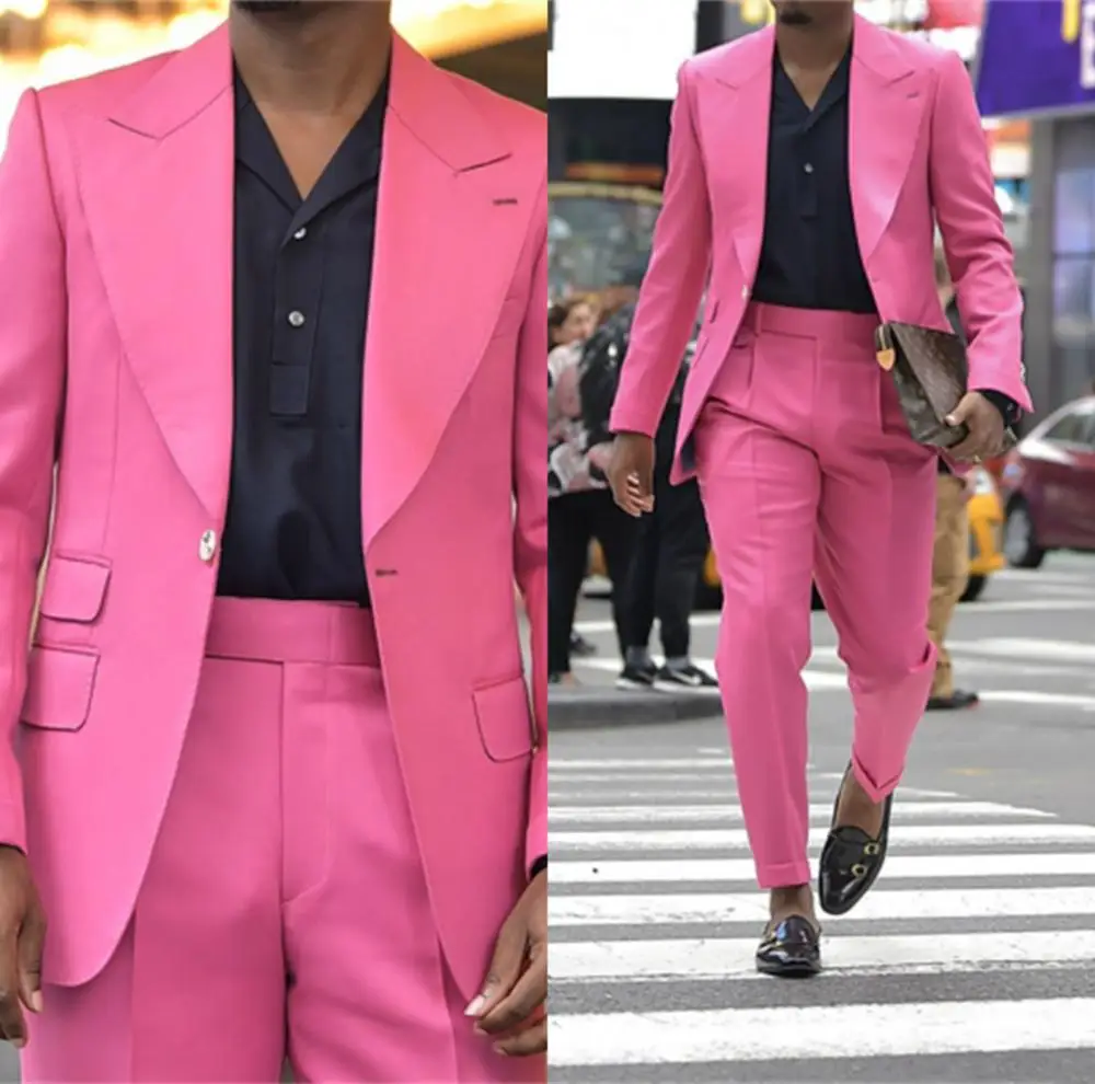 Hot Pink Wedding Tuxedos Fashion Slim Fit Mens Suits Groom Wear For Wedding Party Formal Prom Blazer (Jacket+Pants)