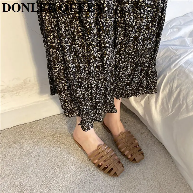 2021 Summer Slippers Fashion Cane Weaving Mule Shoe Female Designer Slide Ladies Brand Slipper Casual Flip Flops Sandalias Mujer