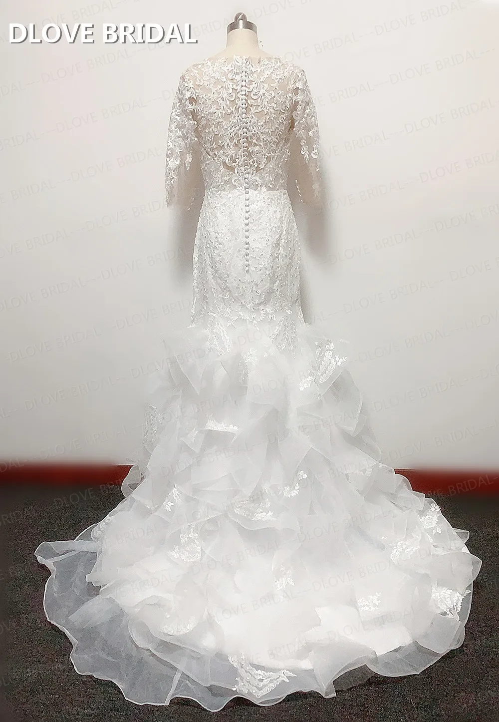 Robe De mariée sirène à volants, manches mi-longues, col en V, boutons au dos, Photos réelles