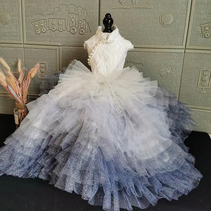 

Handmade Dog Clothes Trailing Dress Pet Supplies Palace Gown Fairy-Tale White Lace Gray-Blue Gradient Tulle Skirt One Piece