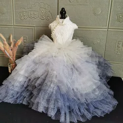 Handmade Dog Clothes Trailing Dress Pet Supplies Palace Gown Fairy-Tale White Lace Gray-Blue Gradient Tulle Skirt One Piece
