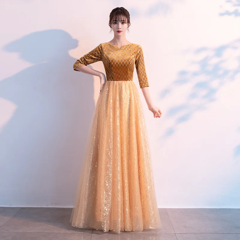 

Shinning Gold Evening Dress Floor Length 2021 New Fashion Half Sleeve a Line Prom Dresses Haute Couture Pageant Robe De Soiree