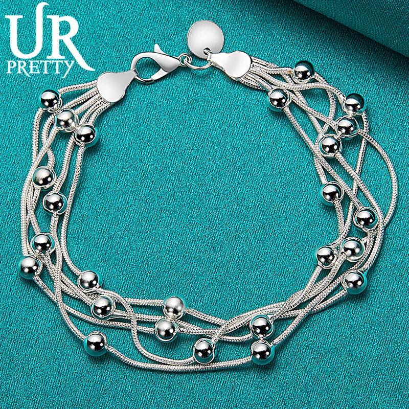 

URPRETTY 925 Sterling Silver Five Snake Chain Round Bead Bracelet For Women Charm Jewelry