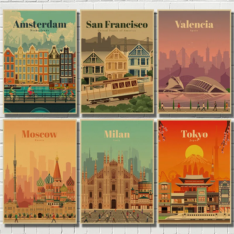 

Travel Poster Illustration Nordic Print City Landscape Kraft Paper Art Painting Wall Picture Living Room Decoration