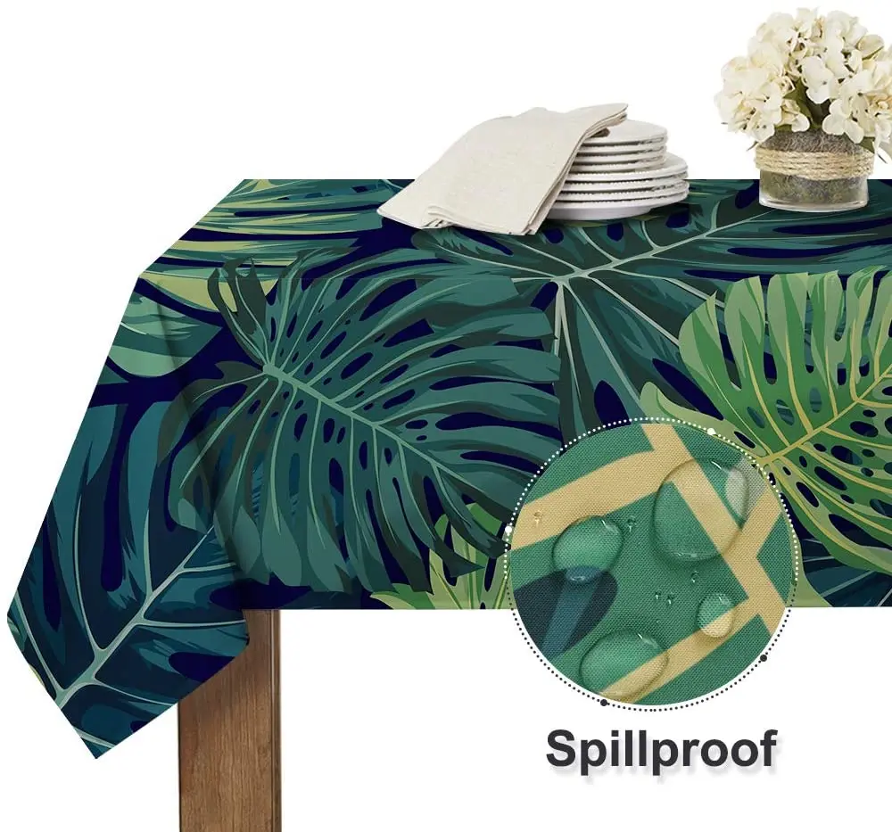 Spillproof Tablecloth for Rectangle Table Tropic Leaves Pattern Wrinkle-Free Stain Proof Washable Polyester Table Cover