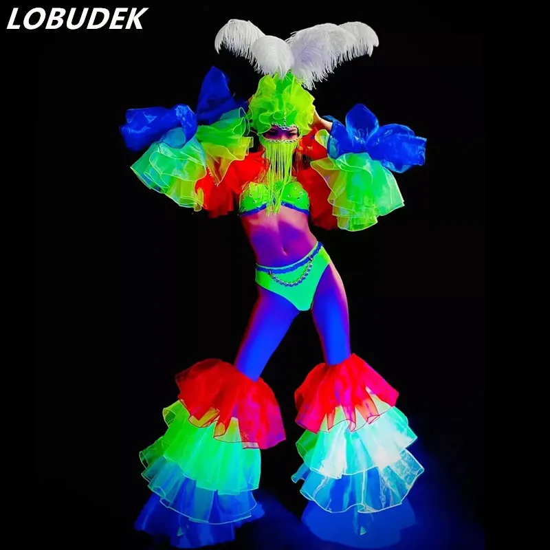 

Fluorescent Colorful Stage Costume Exaggerated Dance Performance Clothes Feather Headdress Bikini Nightclub Gogo Rave Outfits