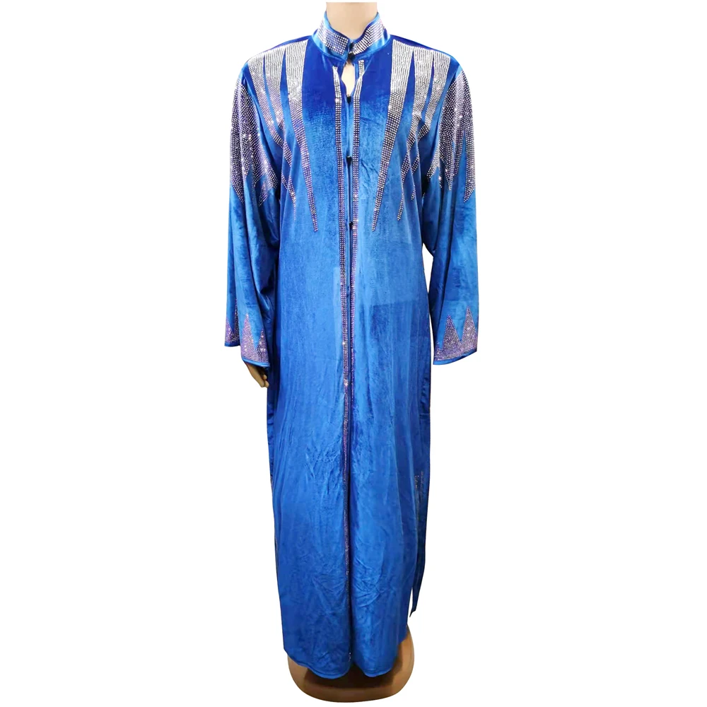 Muslim Kaftan Abaya Dress Women Stand Neck Diamonds Button Pleuche Coat Dress Elegant African Boubou without Lining