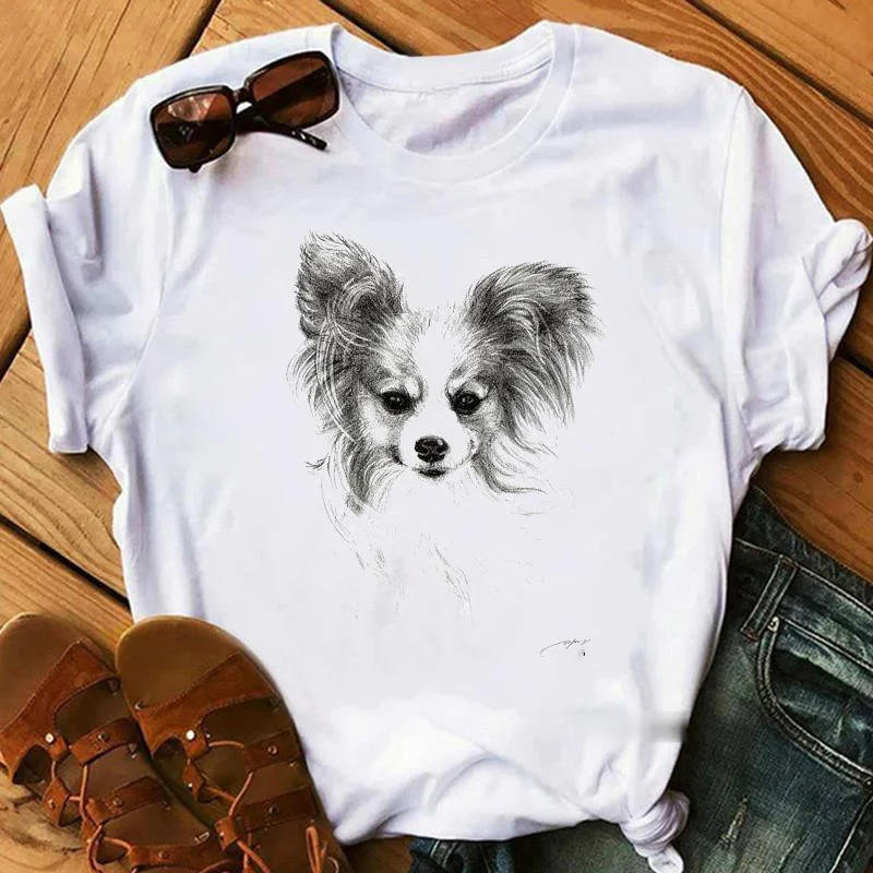 Schnauzer/seymour/yorkshire terrier/chihuahuas/retriever/pomeranian/papillon cão vintage retrato impressão mulher verão t camisa