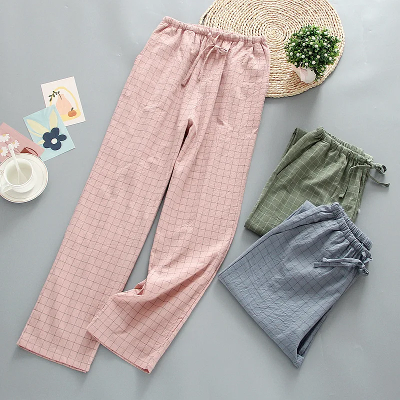 Washed Cotton Spring Pyjama Bottoms Couple\'s Home Pants Elastic Waist Plaid Sleepwear Women and Men Sleeping Lounge Pants