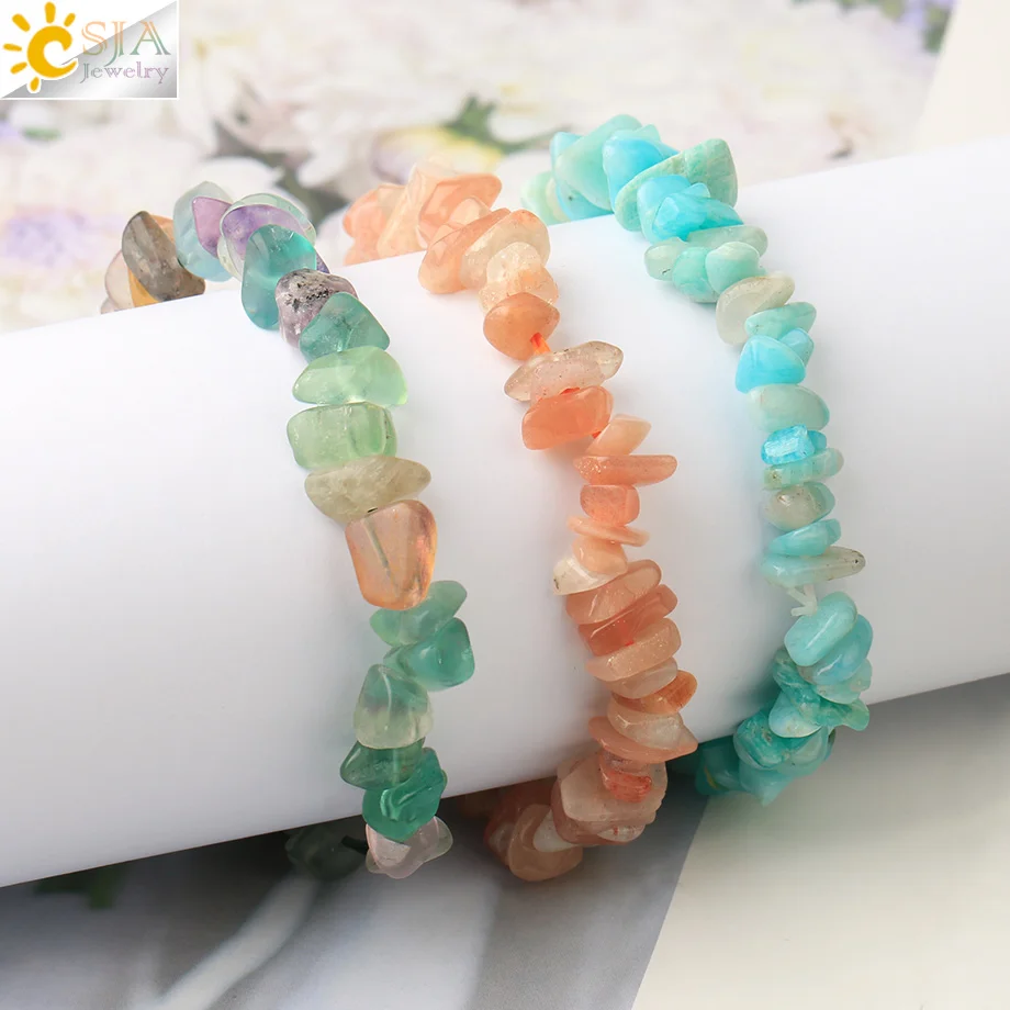 CSJA Natürliche Kristall Armband Reiki Chip Kies Stein Stretch-Armbänder Fluorit Amazonit Perlen Armreifen für Frauen Pulseras G756