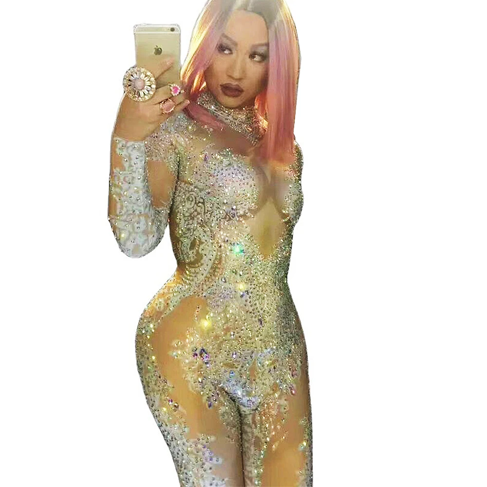 

Women Sparkly Rhinestone Stretch Jumpsuit Evening Prom Party Birthday Celebrate Body Suits Nightclub Drag Queen Costumes