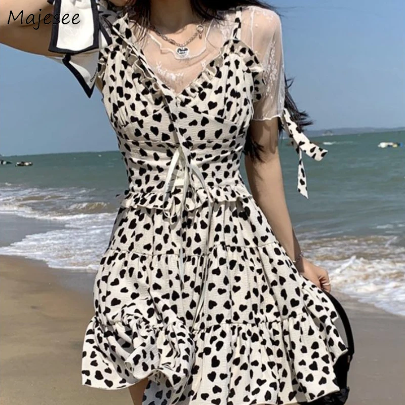 

Dress Sets Women Summer Fashion New Leisure Elegant French Style Sweet Print Loose Lace Holiday V-neck Bandage College Female