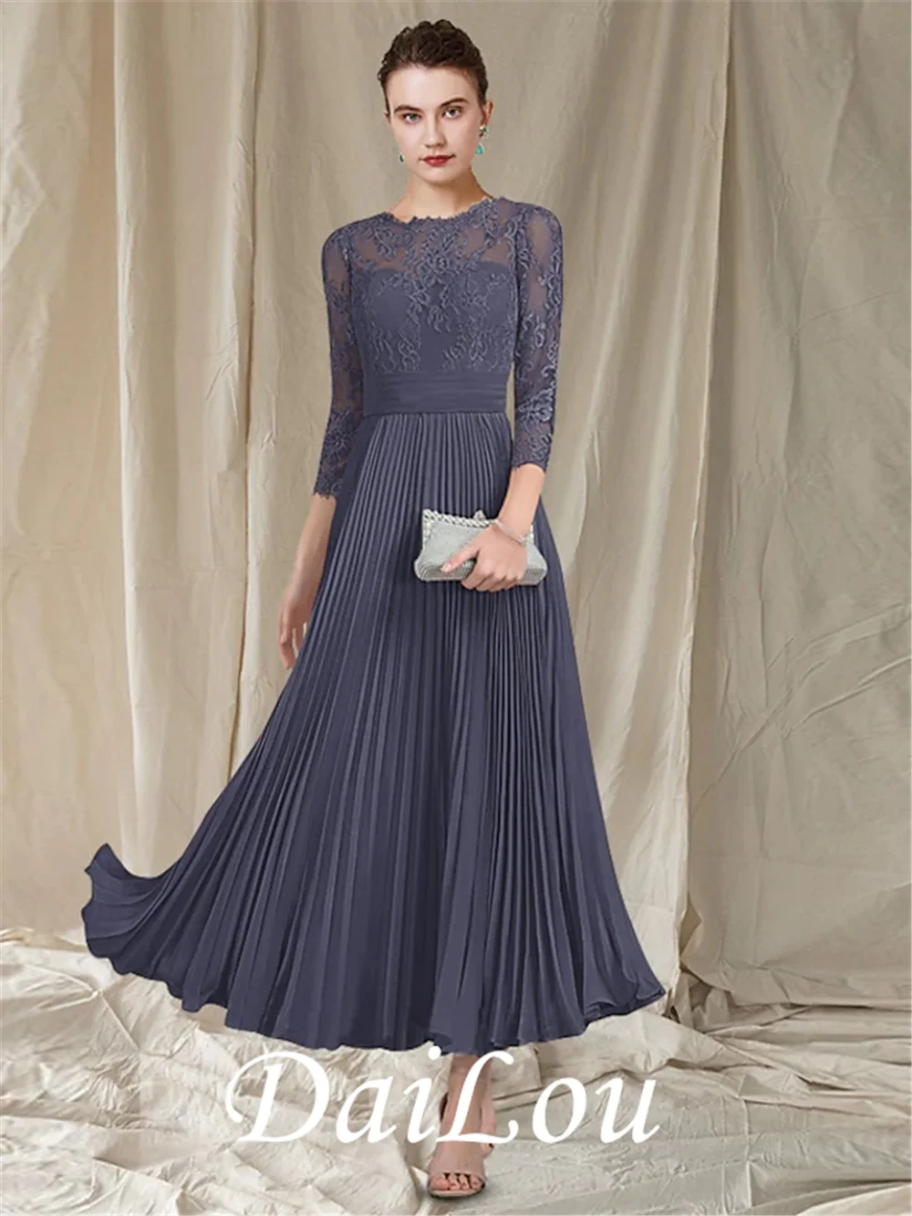 A-Line Mother of the Bride Dress Elegant Jewel Neck Ankle Length Chiffon Lace 3/4 Length Sleeve with Pleats Ruched 2021