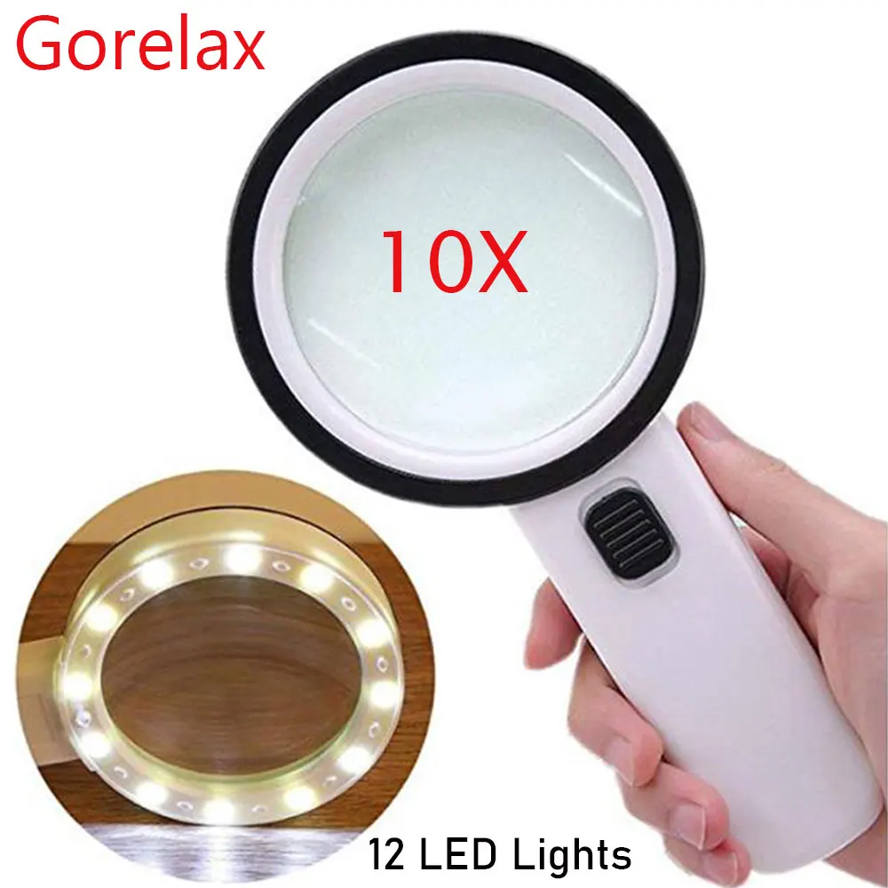 10X Magnifying Glass with 12 Leds Light, Handheld Magnifier With Large Double Lens Glass Magnifier for Seniors Reading, Watching