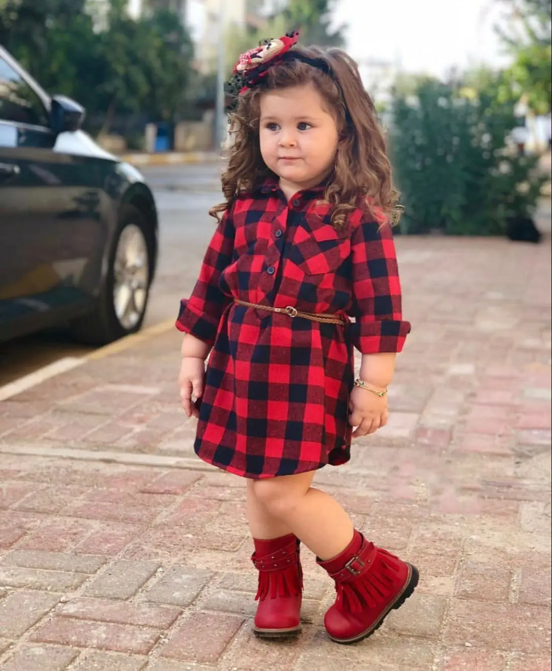 

2025 New Years Fashion Toddler Baby Girl Cotton Outfit Long Sleeve Black Red Plaid T-Shirt Blouse Party Dress with Twist Belt