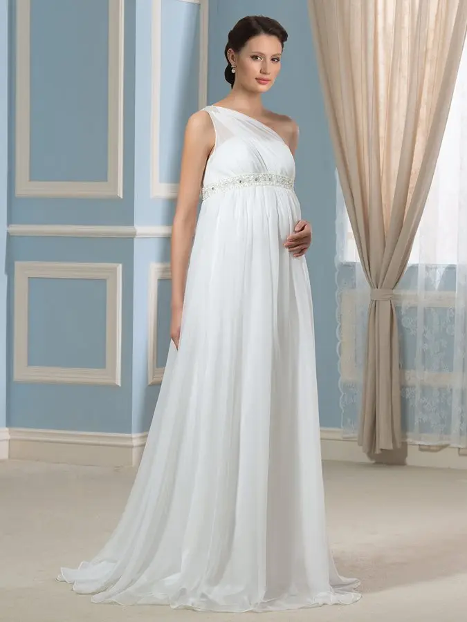 Elegant One Shoulder ชีฟองงานแต่งงานชุดสำหรับตั้งครรภ์ Empire ง่ายลูกปัด Sash Grecian Gowns เจ้าสาว Robe De Mariage