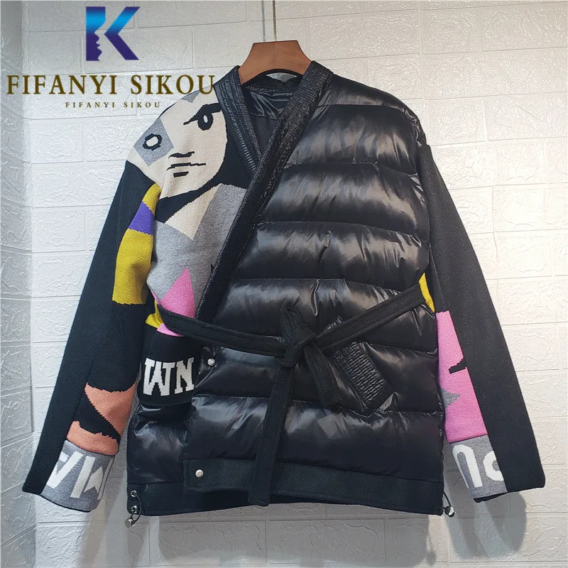 Fashion Patchwork Down Jackets Women Short Parkas Streetwear Loose V-Neck Cotton Coat Embroidery Casual Winter Jacket Female