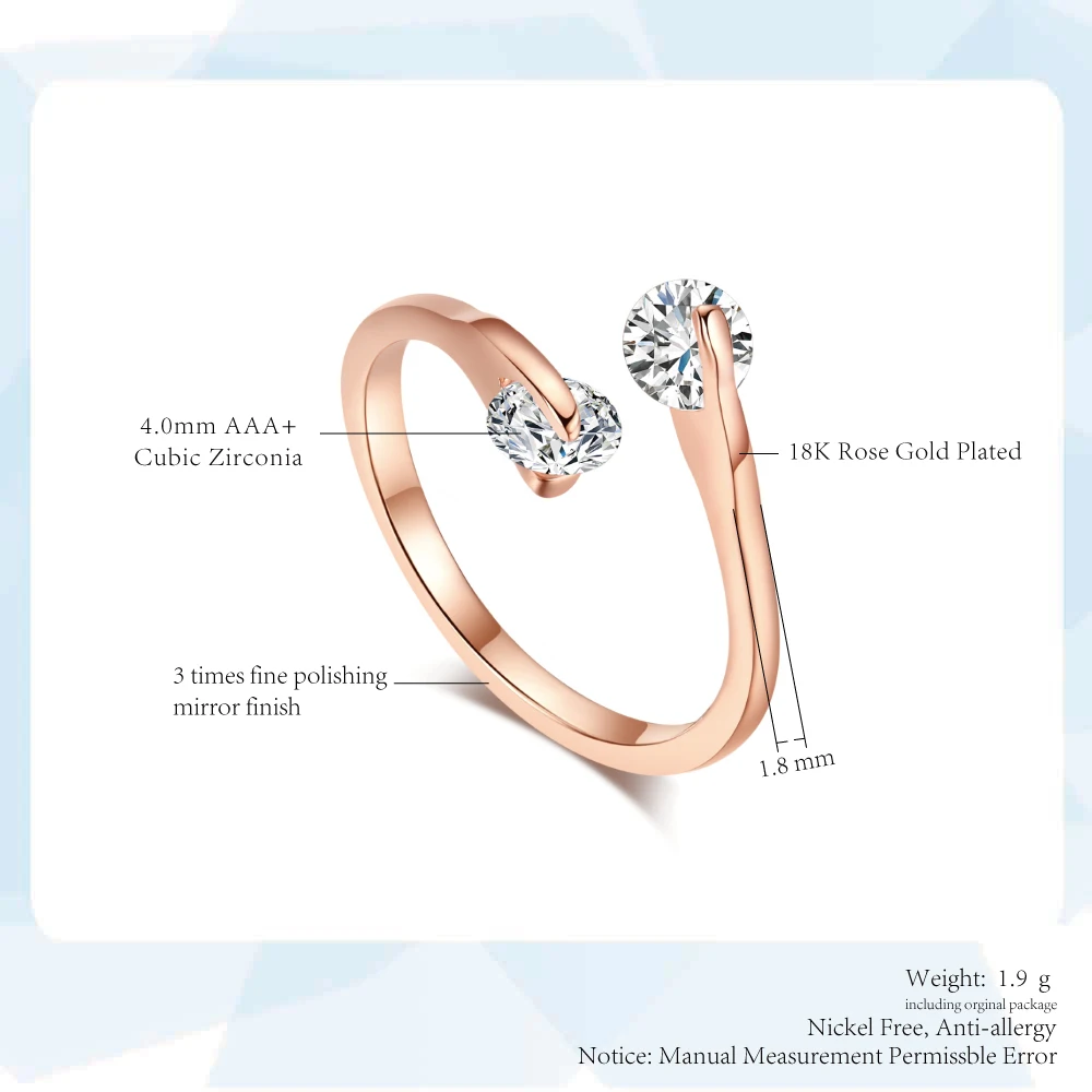 DWR007 OL Style Adjustable Twin Cubic Zirconia Ring Rose Gold Color Silver Color Tone Engagement/Wedding Crystal Rings For Women