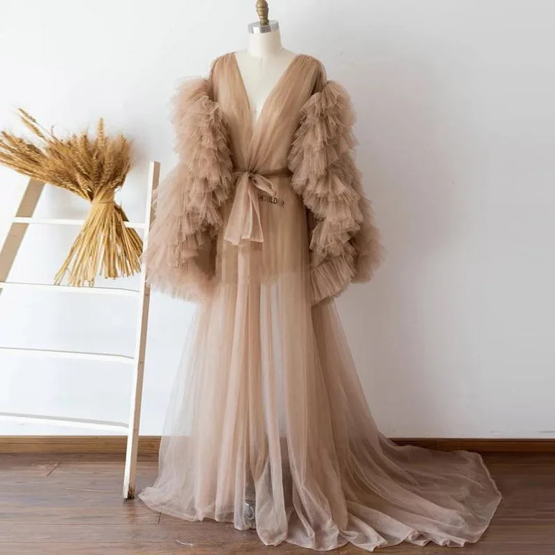 

See Thru Champagne Tulle Maternity Women Dresses Ruffles Tiered Long Sleeves Full Sleeves Tulle Robe Women Dress Bridal Robe