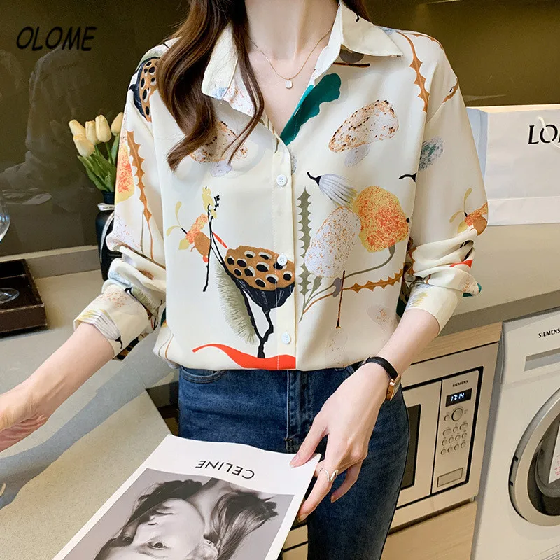 เกาหลีเสื้อผู้หญิงลำลองดอกไม้พิมพ์สุภาพสตรีขั้นพื้นฐานเสื้อหลวมทุกวันสำนักงาน Ol All-Match ผู้หญิงเสื้อชีฟองด้านบน