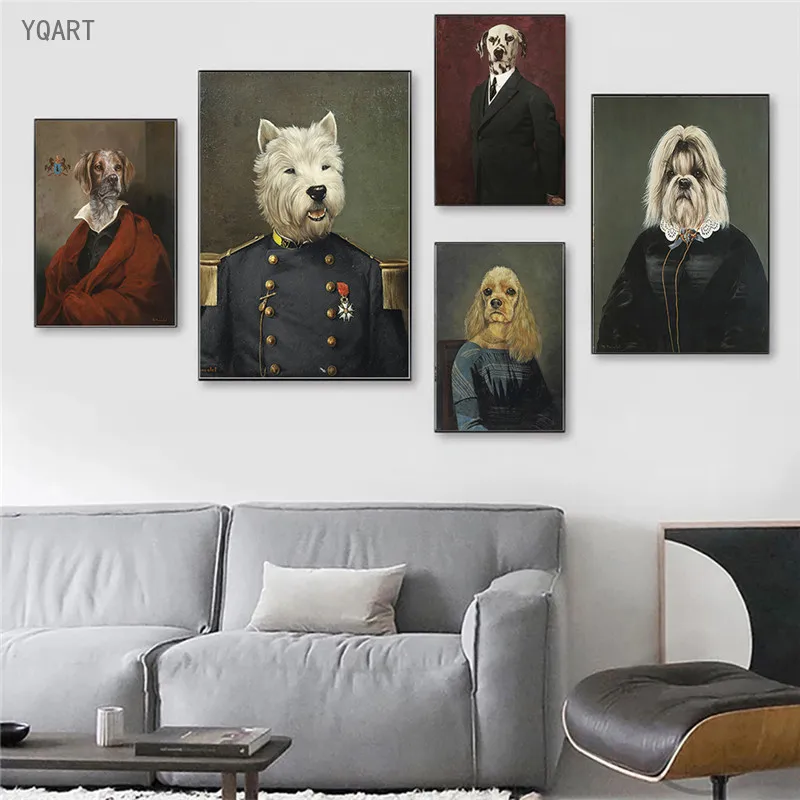 

Vintage Artwork Nostalgia Gentle Dog Oil Paintings Print on Canvas Dog In A Suit Funny Pictures for Home Living Room Decor