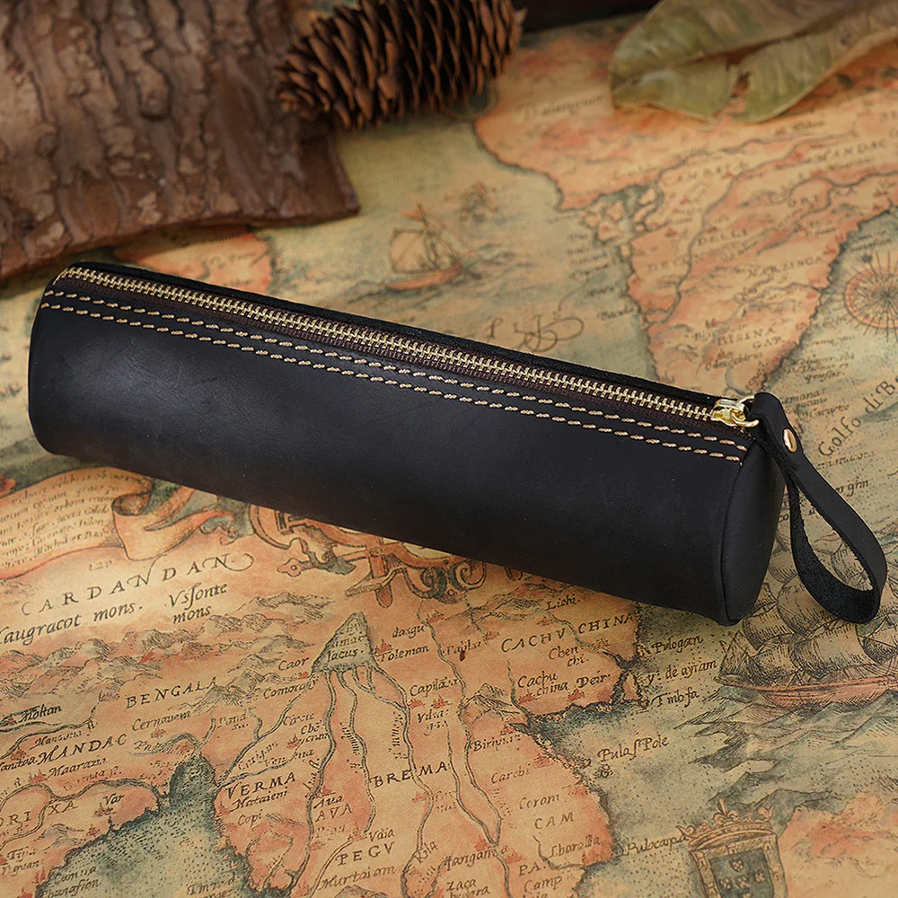 Genuine Leather School Pencil Case Vintage Pen Box for Girls Boys Pencilcase Black Round Zip Penal Cartridge Bag Stationery Kit