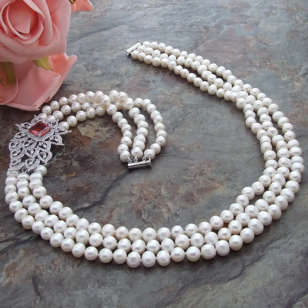 3 rows 7-8mm white freshwater cultured pearl micro inlay zircon accessories flower connector sweater necklace long 54-60 cm