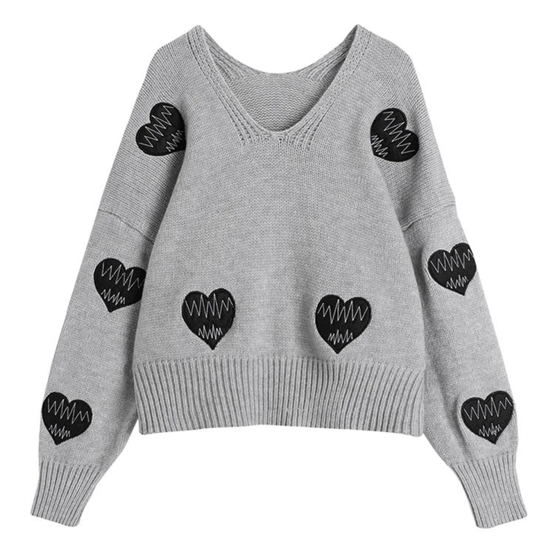 Harajuku Gothic grey Love ricamo maglione da donna stile Punk scollo a v sciolto pullover lavorato a maglia Vintage Chic Streetwear