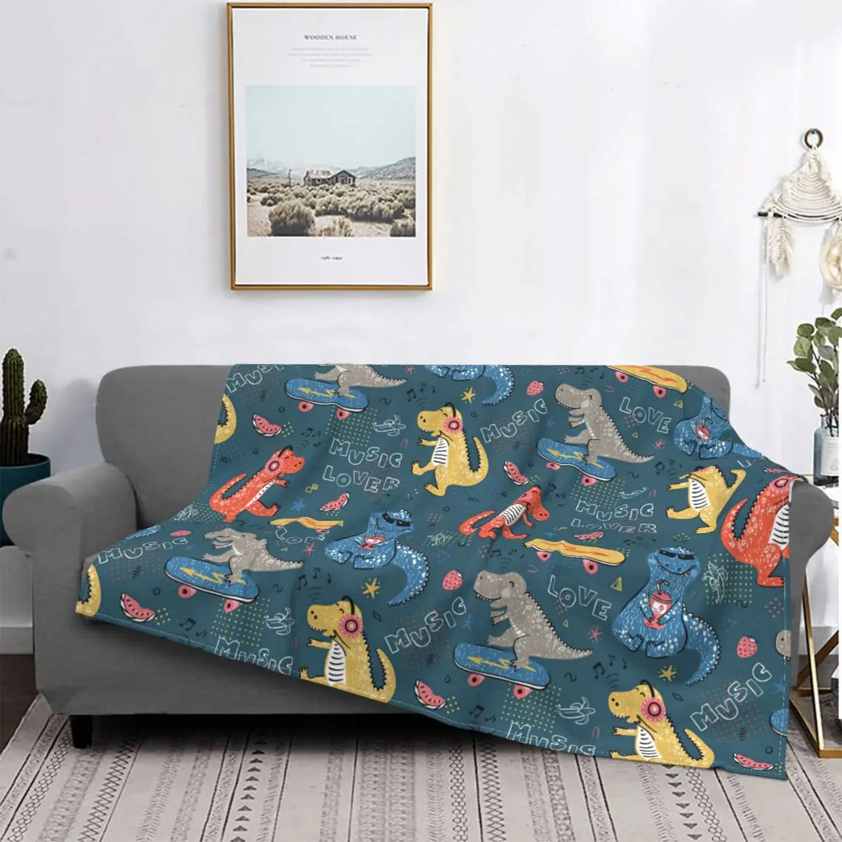 Cute Dinosaurs Love Music Blankets Fleece Decoration Ultra-Soft Throw Blankets for Bedding Bedroom Plush Thin Quilt