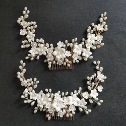 SLBRIDAL Handmade Crystal Rhinestone Pearls Ceramic Flower Bridal Hair Comb Wedding Hair Accessories Bridesmaids Women Jewelry