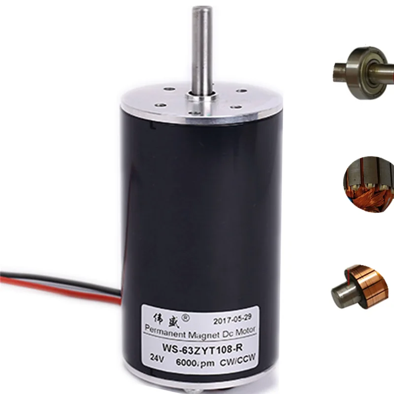 Motor de Alta Velocidade do Rolamento de Esferas 50w 2000 w do Eixo do Regulamento mm da Velocidade do Motor 12v 24v 6000100 Rpm do Marshmallow da C.c. de 63 mm