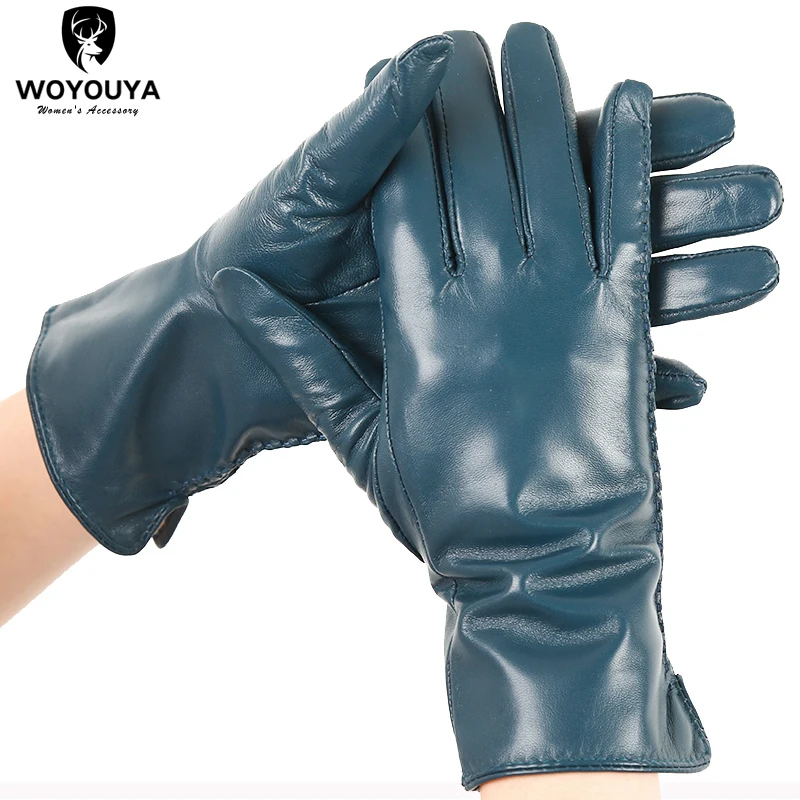 Women\'s sheepskin gloves winter warmth plus velvet short thin driving female color leather gloves new high-end-2225