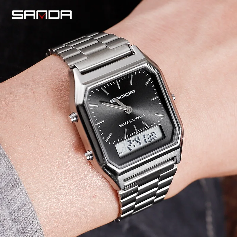 Fashion Sanda Brand Men Watches Retro Stainless Steel Band Digital Display erkek kol saati zegarek damski relogios Wristwatches