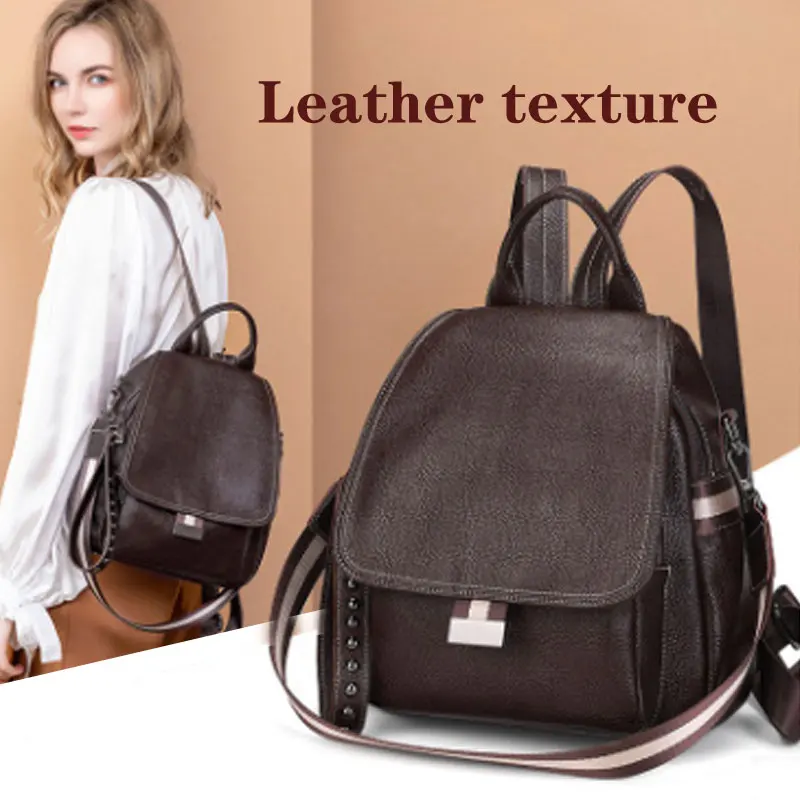 

Cowhide Women's Bag Double Shoulder Bag Small Backpack Fashion Travel Bag Korean Atmospheric One Shoulder Inclined Shoulder Bag