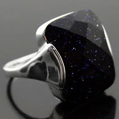 

Hot sale@@ 13*16mm Natural Faceted Blue Sandstone 925 Sterling Silver Ring Size 7/8/9/10 for festival gift