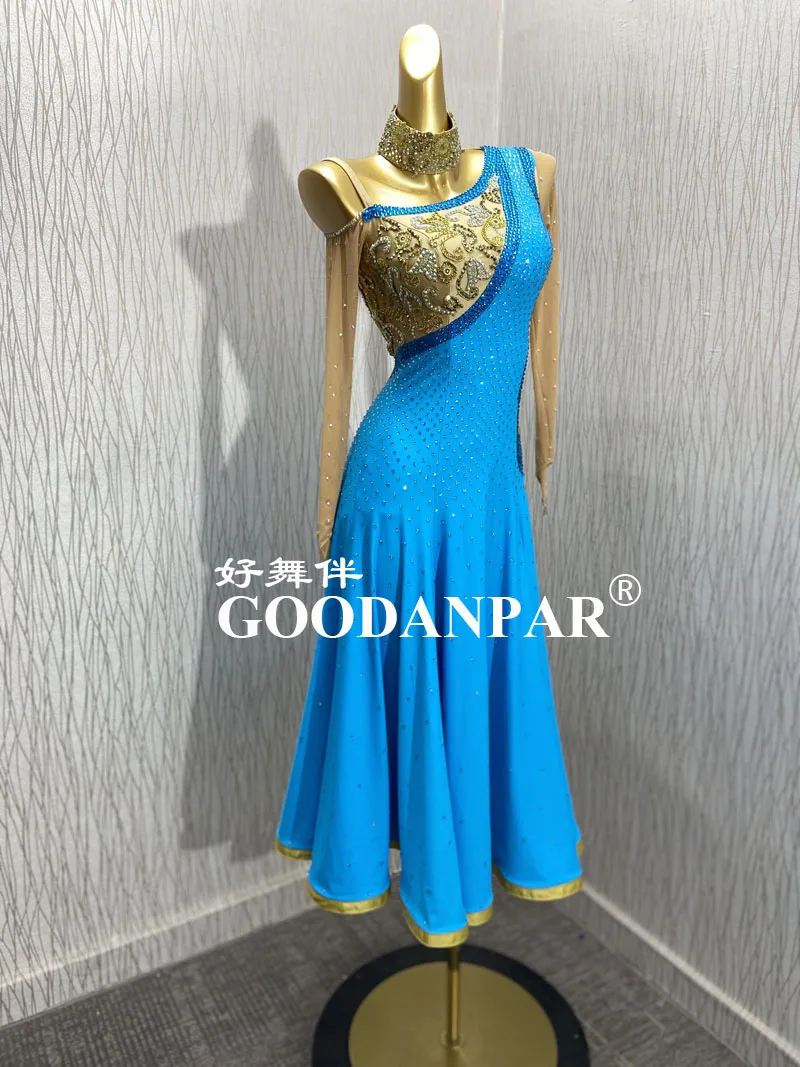 GOODANPAR new Modern Competition Waltz Tango Ballroom Dance Dress Standard Girls Women bule smooth dress Long Sleeve