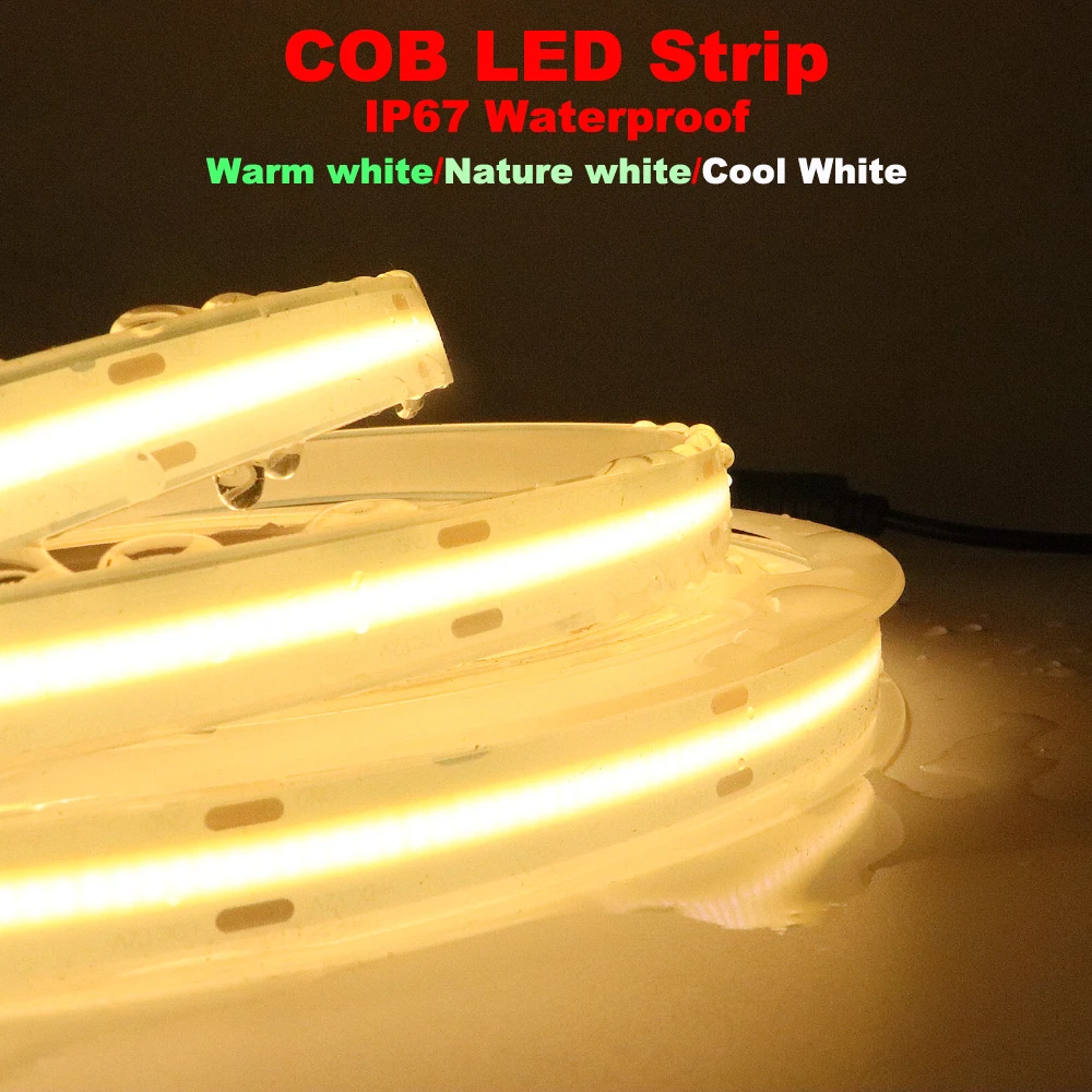 COB LED Strip 384 528LEDs Hight Density IP67 Waterproof Flexible COB LED Lights DC12V 24V Warm Natural Cool White LED Tape