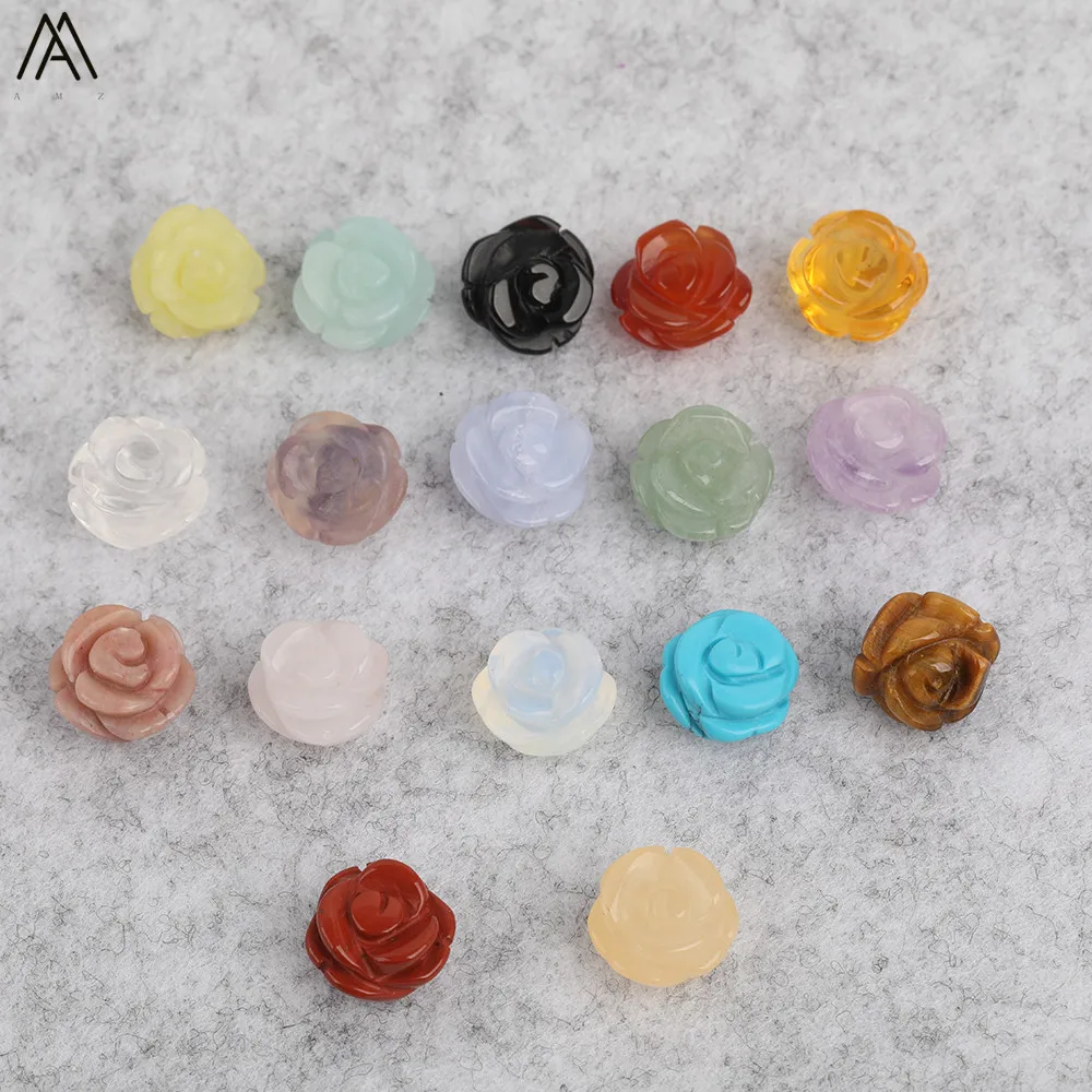 15pcs/lot 10mm Natural Agates Lapis Fluorite Stone Quartz Crystal Carved Rose Flower Shape Earring Beads For Jewelry DIY Making