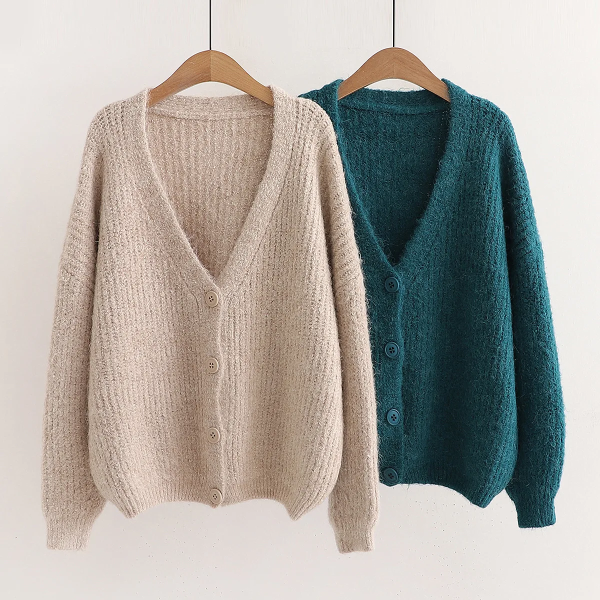 

2179 Autumn Women Knitted Cardigan Korean Style Casual Simple Daily Solid Color Green Loose All-Match Cotton V-Neck Sweater