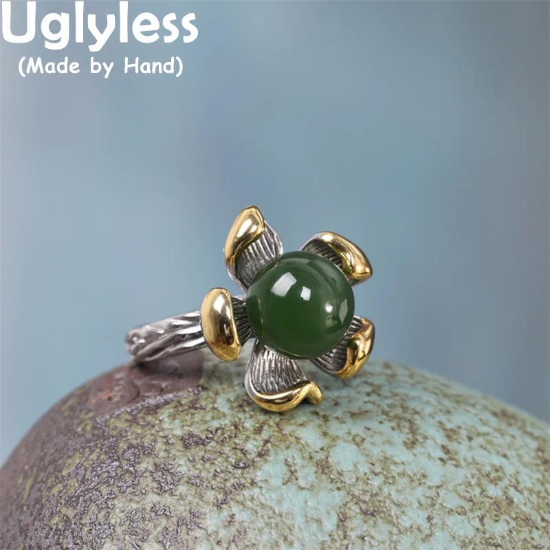 

Uglyless Vivid Thai Silver Blooming Lotus Rings for Women Natural Hotan Jade Lotus Flower Jewelry 925 Silver Ethnic Rings Gems