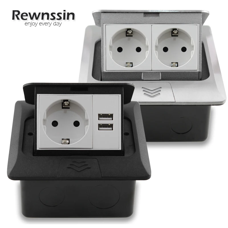 Eu Floor Mounted Socket With USB Charging Port USB POP-UP Floor Electrical Outlet Box Aluminum Alloy Material Black Silver 16A