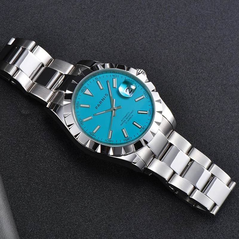 

PARNIS Brand Mechancial Men Watch Sapphire Gass 21 Jewels MIYOTA 8215 Movement Metal Strap Blue Dial Date Magnifier