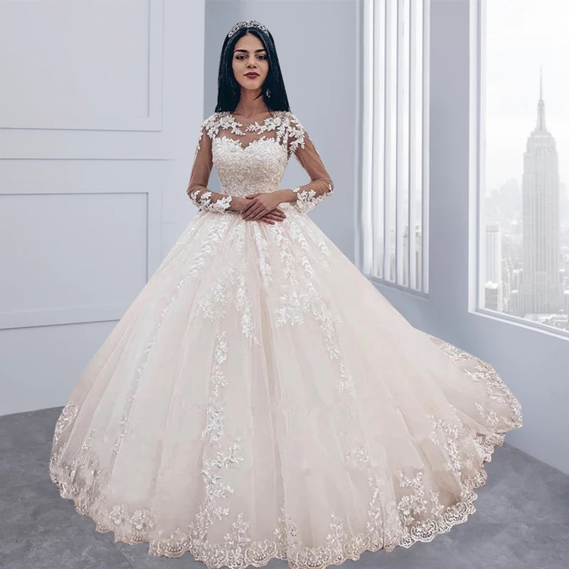 Elegant Bride Marriage Wedding Dresses Custom Made Illusion Long Sleeves Tulle Princess Ball Gown Bridal Women Marriage Clothing